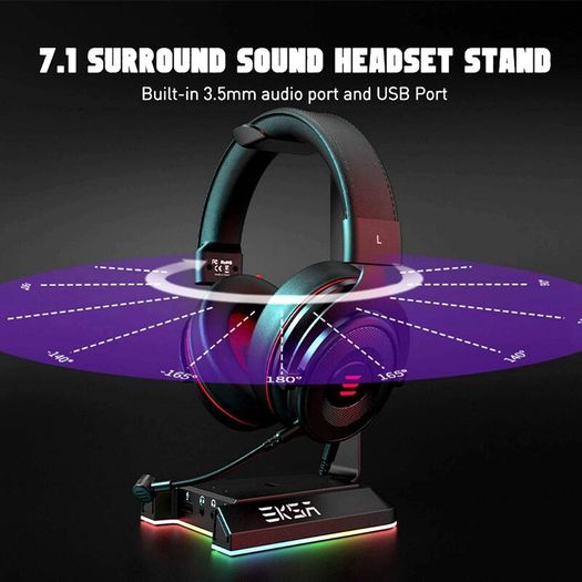 W1 RGB Headphones Stand Gaming Headset Stand with 7.1 Surround Sound, Desktop Headphone Holder with 3.5mm Aux and 2 USB Ports, Aluminum PC Gamer Headset Accessories
