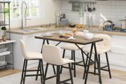 Bar set 5-piece, table and 4 chairs, button tufting, thick padding, linen-look, Beige