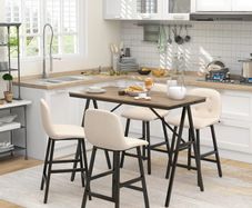 Bar set 5-piece, table and 4 chairs, button tufting, thick padding, linen-look, Beige