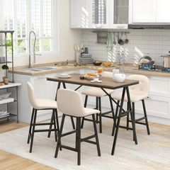 Bar set 5-piece, table and 4 chairs, button tufting, thick padding, linen-look, Beige