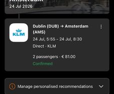 Two tickets to Amsterdam 24th of July