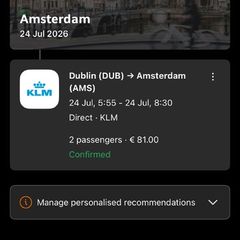 Two tickets to Amsterdam 24th of July