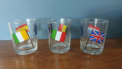 Fabulous Rare Set of Three Boyne Valley Honey EU Flags Glasses:  Belgium/Italy, Spain/Ireland and Luxembourg/United Kingdom