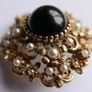 Vintage Victorian revival gold  layered domed brooch with black glass and faux pearls Image 4