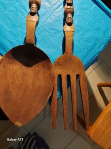 Large Carved Wooden Fork and Spoon, Possibly Resturant front shop advertising tool, Practicle use would require very large cooking pot