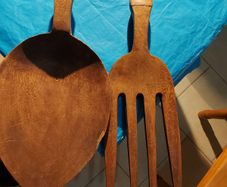 Large Carved Wooden Fork and Spoon, Possibly Resturant front shop advertising tool, Practicle use would require very large cooking pot