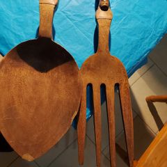 Large Carved Wooden Fork and Spoon, Possibly Resturant front shop advertising tool, Practicle use would require very large cooking pot