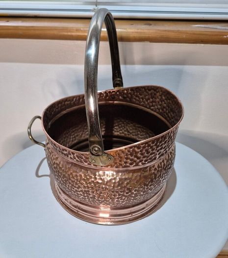 Vintage Hammered Copper Coal Scuttle  Log Bucket