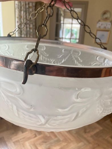 Vintage Art Deco Fluted White Opaque Glass and Copper Ceiling Light