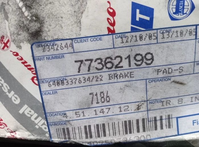 Fiat Alfa Romeo Lancia Front Brake Pads 77362199 OEM (A10207)