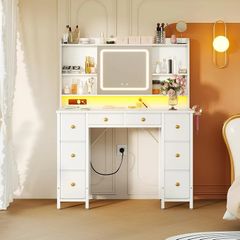 Vanity Desk with Movable LED Mirror and 8 Drawers, Dressing Table with Built-in USB Power Outlets & RGB Light Strip, Vanity Table with 4-Layer Adjustable Shelves, White Makeup Desk 110/40/137cm