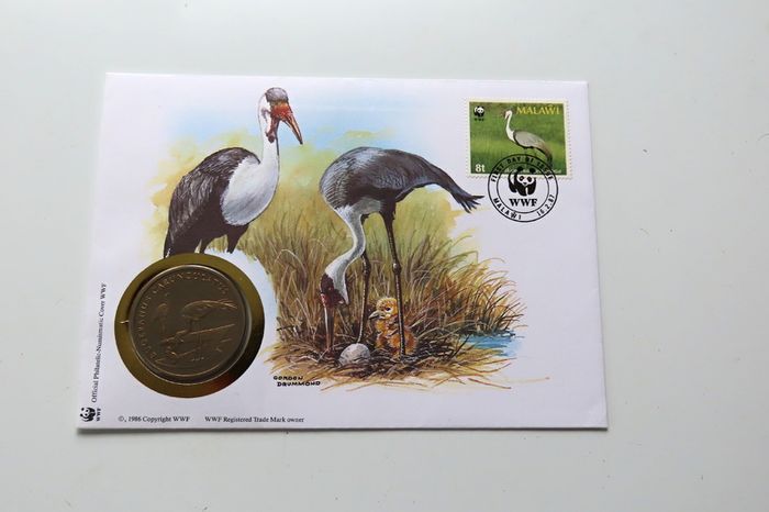 Crane Malawi 1986 WWF coin stamp cover Bugeranus Carunculatus