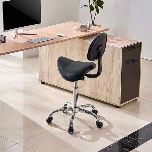 450LBS Saddle Stool with Back Support Rolling Adjustable PU Leather Salon Chair