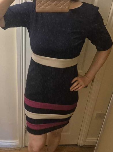 Navy colour block dress with pink and cream detail