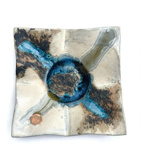 Amanda Murphy Ceramics Signed Square Island Dish | Irish Studio Pottery Melted Glass Center