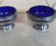 Vintage Queen Anne Cobalt Blue Glass & Chrome Plated Cream & Sugar Bowls Set of 2