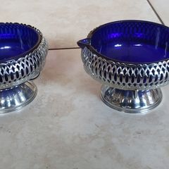Vintage Queen Anne Cobalt Blue Glass & Chrome Plated Cream & Sugar Bowls Set of 2
