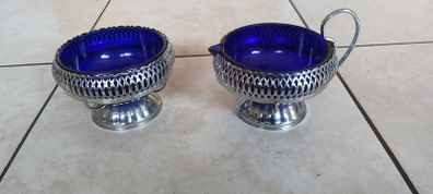 Vintage Queen Anne Cobalt Blue Glass & Chrome Plated Cream & Sugar Bowls Set of 2