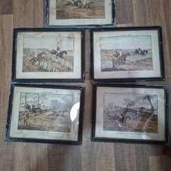 5 Antique Hunt Scene Pictures in Original Frames Postage Available or Collection is always welcome
