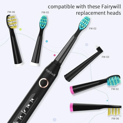 Fairywill Sonic Toothbrush,Electric Toothbrush Clean Teeth Like a Dentist Rechargeable 4 Hours Charge Minimum 30 Days Use 5 Optional Modes,3 Brush Heads Black