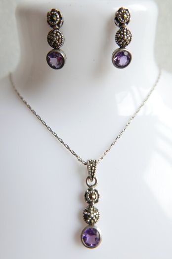 Vintage 925 Sterling Silver Amethyst and Marcasite Necklace and Earring Set