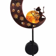 100cm Metal Fairy Sitting on Moon Solar Lights for Garden Ornaments Outdoor, Solar Stake with Crackle Glass Ball, Decorative Garden Gifts for Flowerbed, Walkway, Pathway
