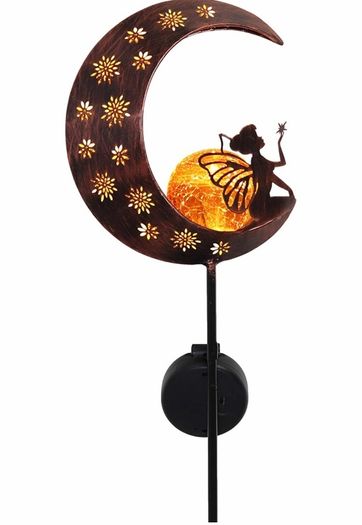 100cm Metal Fairy Sitting on Moon Solar Lights for Garden Ornaments Outdoor, Solar Stake with Crackle Glass Ball, Decorative Garden Gifts for Flowerbed, Walkway, Pathway