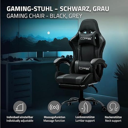 Gaming chair with massage function and footrest  aming Chair, Black/White, PU Leather, Ergonomic Office Chair, Adjustable Swivel Chair, Racing Gamer Chair with Armrest, Headrest, Lumbar Cushion, Footrest, Desk Chair