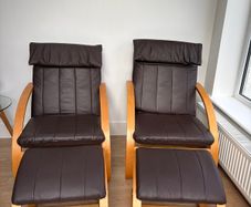 Set of 2 Brown leather and wood Bent Wood Easy Chairs and matching footstools