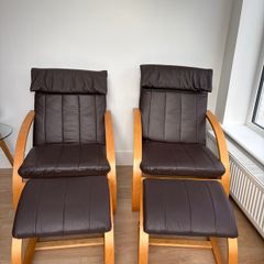 Set of 2 Brown leather and wood Bent Wood Easy Chairs and matching footstools