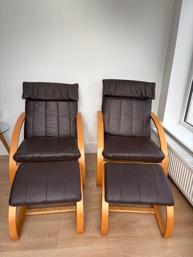 Set of 2 Brown leather and wood Bent Wood Easy Chairs and matching footstools