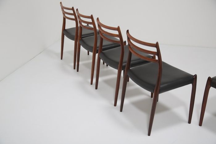 Vintage Set of 8 Rosewood and Leather Dining Chairs Model 78 by Niels Otto Moller, 1960s