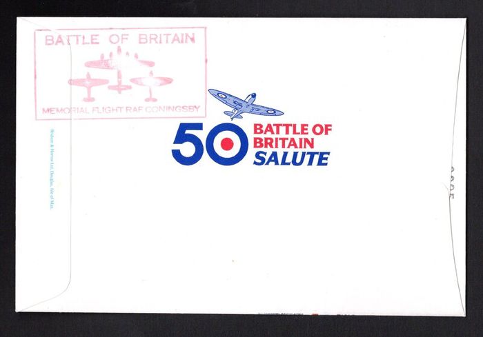 1990 Isle of Man 50th Anniversary of the Battle of Britain Commemorative Stamps First Day Cover (FDC) With Battle of Britain Memorial Flight RAF Coningsby cancel on rear