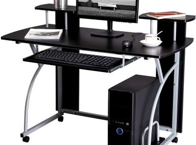 _Computer Desk with Wheels PC Table with Keyboard Drawer 2 Shelves 120 x 59 x 90 cm