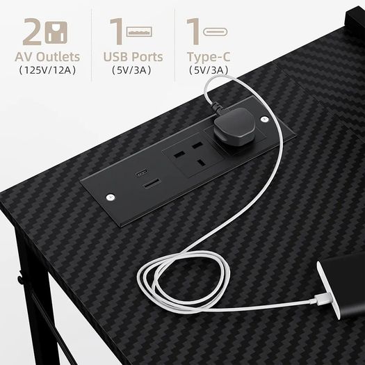 L Shaped Gaming Desk with LED Lights & Power Outlets, 120x80x70cm Reversible Corner Desk with Drawer Storage Bag & Monitor Stand, Carbon Fiber Black