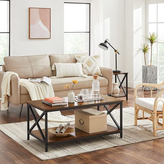 Coffee Table with X-Shaped Struts, Steel Frame and Shelves, 100 x 55 x 45 cm, Industrial Design, Country House Style, Vintage Brown / Black