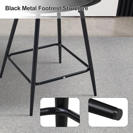 Bar Stools Set of 2 Grey Velvet Upholstered Kitchen Counter Stools with Armrest,Metal Legs and Footrest, 65cm Seat Height Pub Breakfast Chairs for Home Dining Island Easy Assembly