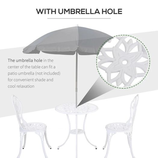 3 Piece Patio Bistro Set for 2, Outdoor Aluminium Garden Table and Chairs with Umbrella Hole for Balcony, White