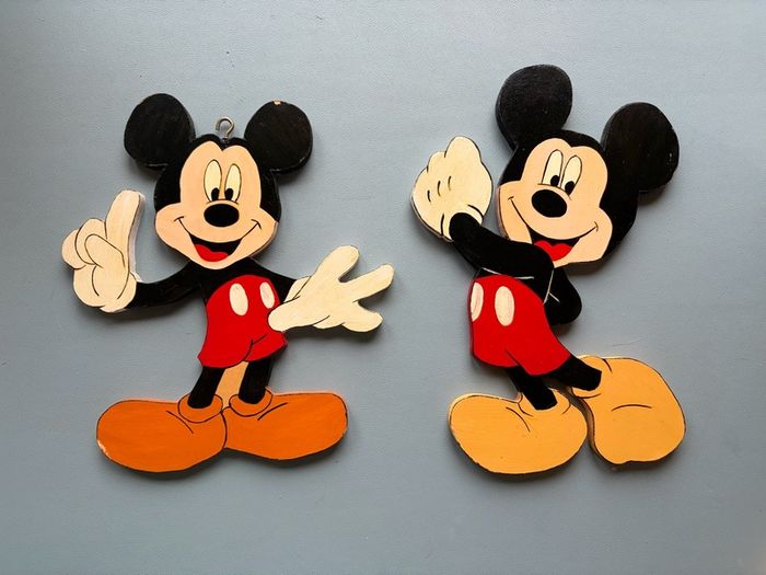 Pair of Vintage Wooden Handmade Handpainted Mickey Mouse Figures - Disney Wall Art Decor Plaques