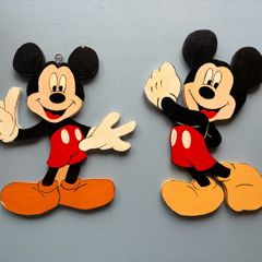 Pair of Vintage Wooden Handmade Handpainted Mickey Mouse Figures - Disney Wall Art Decor Plaques