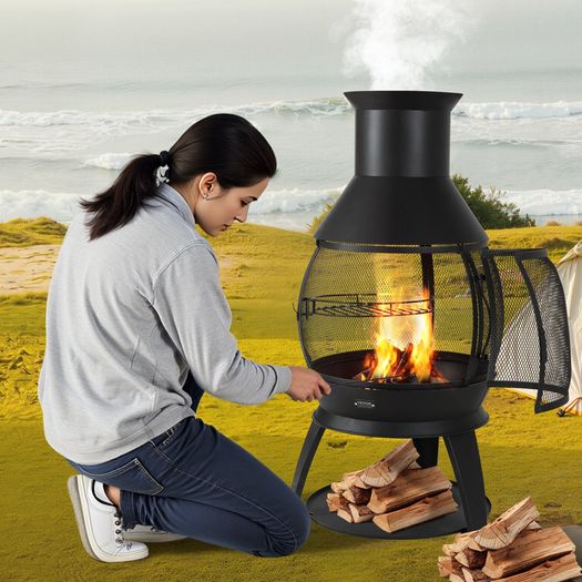 22 Inch Chiminea Outdoor Iron Fireplace with Grill Mesh & Chimney Coat