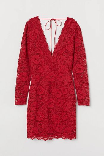 H&M red lace long sleeve V-neck mini dress size UK 14