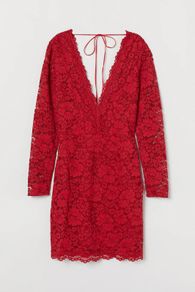 H&M red lace long sleeve V-neck mini dress size UK 10