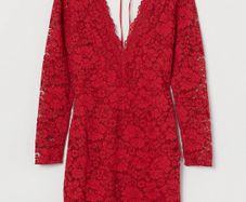 H&M red lace long sleeve V-neck mini dress size UK 10