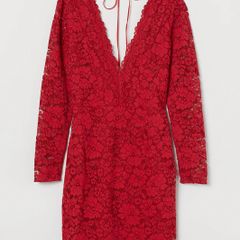 H&M red lace long sleeve V-neck mini dress size UK 10