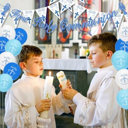 Holy Communion Decorations, First Communion Decorations Confirmation Decor,Blue Banner Pennant Bunting,Balloons,Cake Topper for Boys Christening Gifts