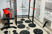Olympic weight bar power rack bench dumbbells