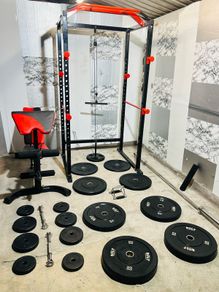 Olympic weight bar power rack bench dumbbells