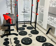 Olympic weight bar power rack bench dumbbells