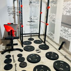 Olympic weight bar power rack bench dumbbells